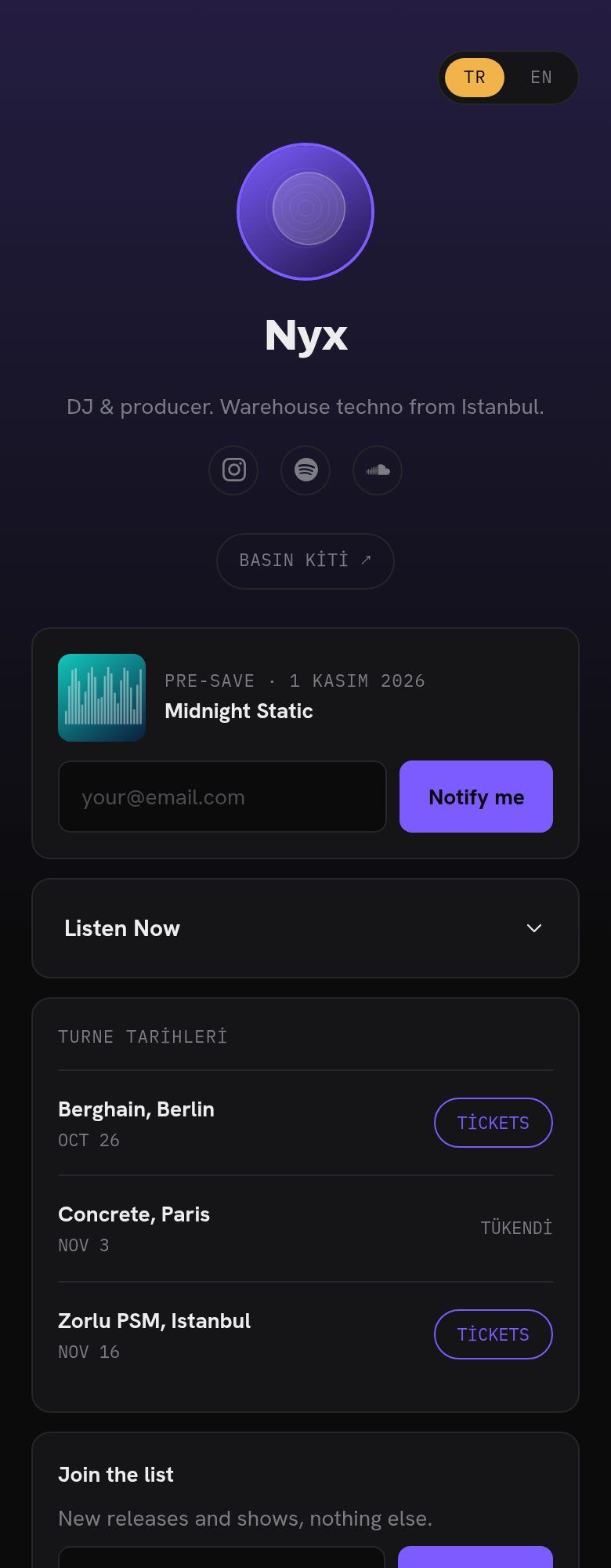 Herkese açık profil: pre-save, akıllı link, konser tarihleri